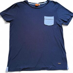 Hugo Boss Orange Men's Navy Blue T-Shirt with Light Blue Pocket Size Large